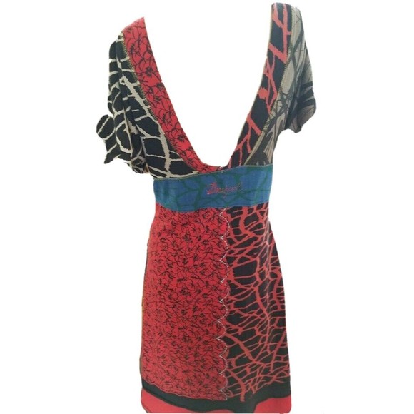Desigual Designer Dress Hippie Boho Deep V Front and Back Art-To-Wear Size Med - Picture 6 of 11